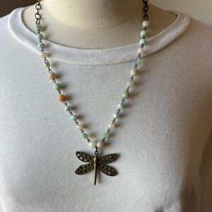Dragonfly Pendant Necklace with Pale Green and Cream Beads